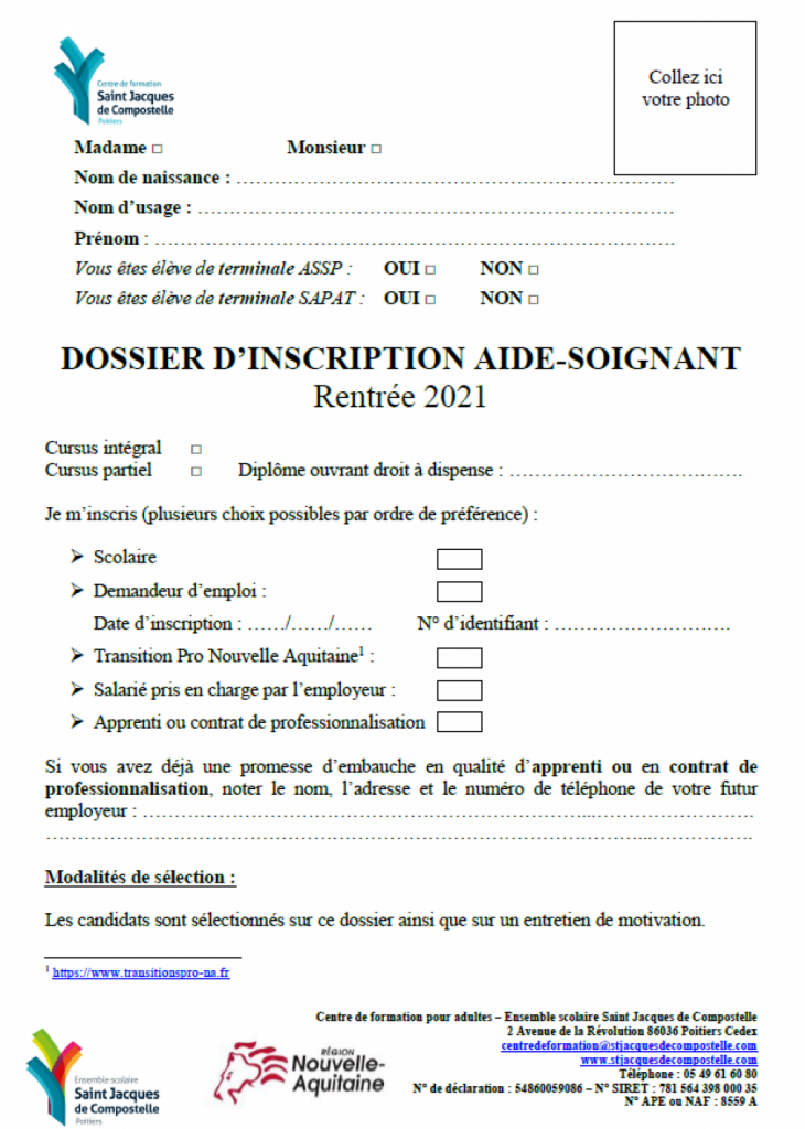 Dossier d'inscription Centre de formation Aide-soignant Saint-Jacques