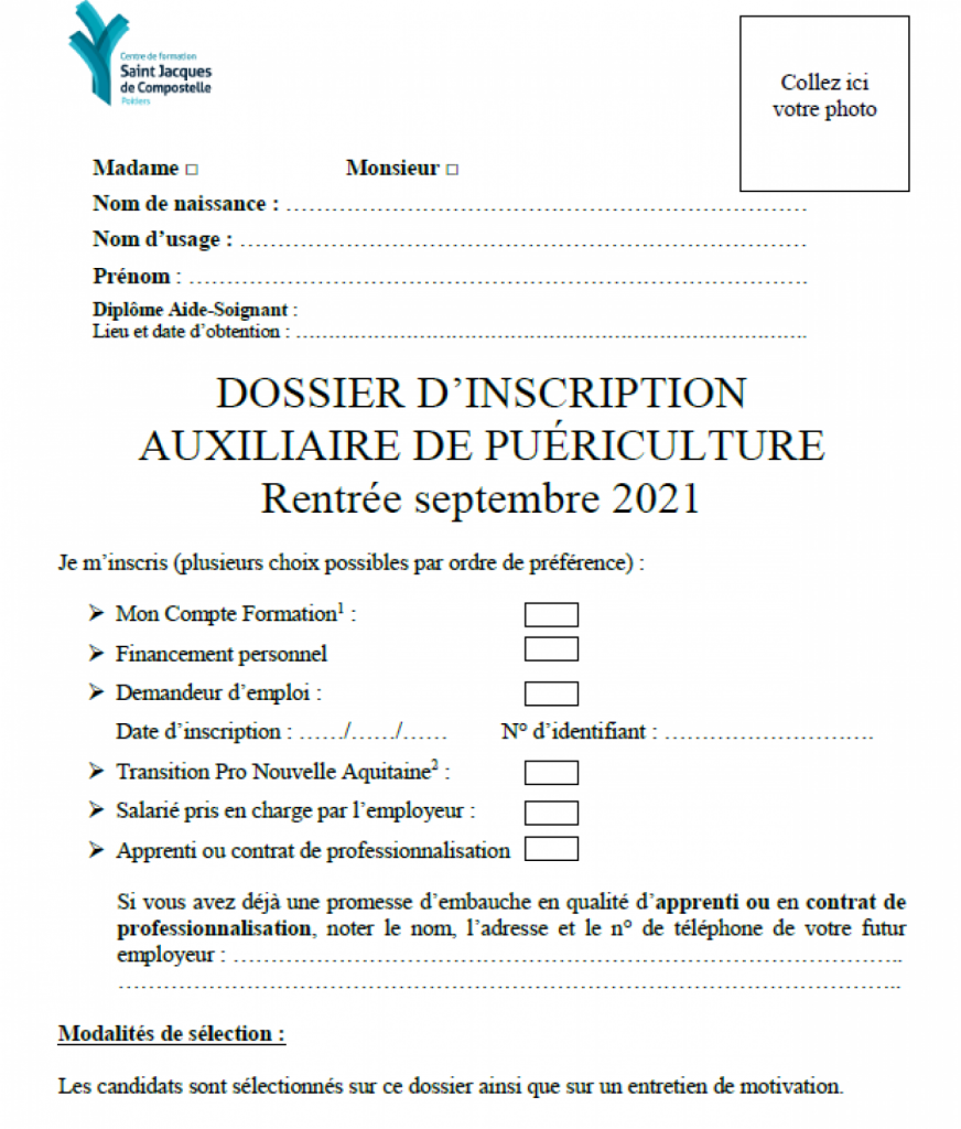 Dossier d'inscription Centre de formation Auxiliaire de puériculture